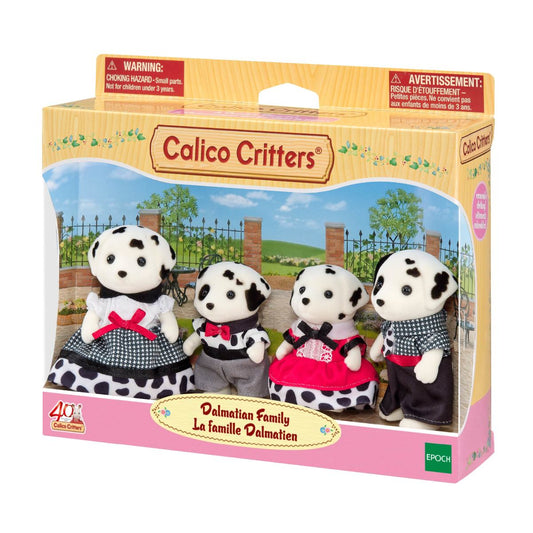 Calico Critters Dalmatian dog family of four figures in patterned outfits