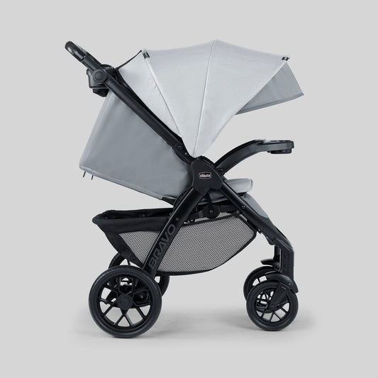 Gray and black Chicco OPEN BOX Bravo LE ClearTex Trio Travel System with canopy, stroller frame, and infant car seat, side view, Atlas colorway