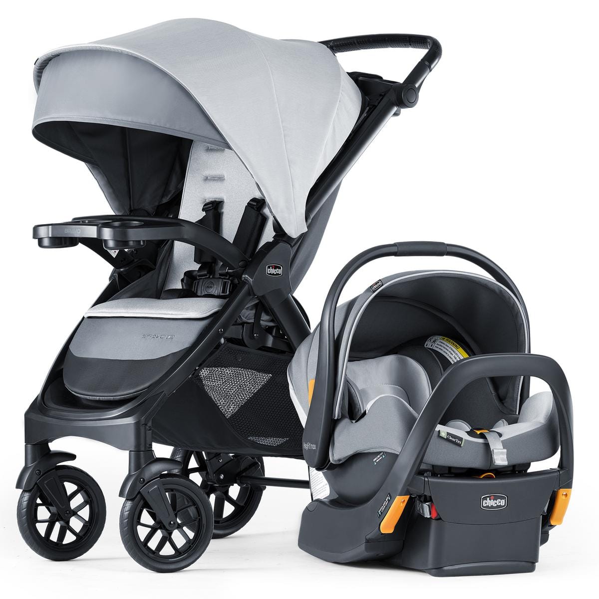 Gray and black Chicco OPEN BOX Bravo LE ClearTex Trio Travel System with canopy, stroller frame, and infant car seat, side view, Atlas colorway
