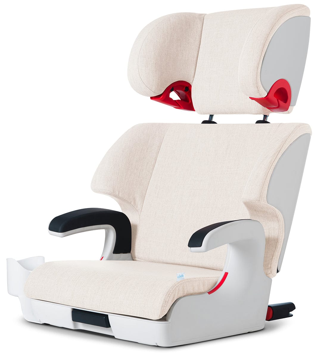 Cream fabric high back booster car seat by Clek, featuring red adjustment levers, white plastic frame, and black armrests, shown in front view.