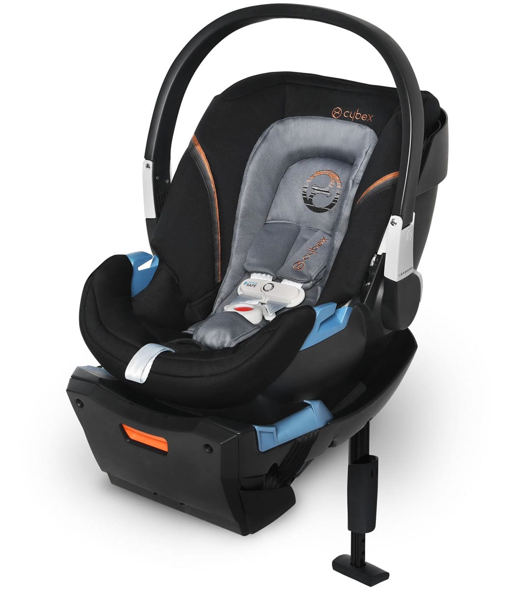 Pepper black infant car seat by Cybex with gray padded insert, blue side accents, and SensorSafe technology, front view