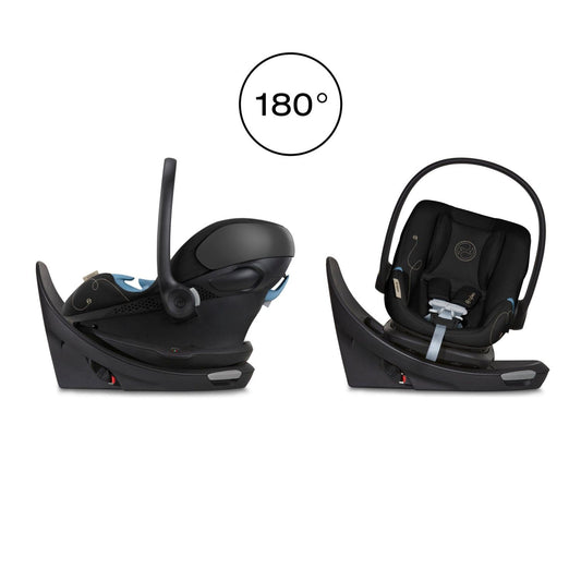Moon black rotating infant car seat by Cybex with swivel base, SensorSafe technology, and gold stitching details, side view