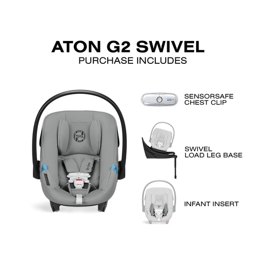 Stone grey infant car seat with black base and load leg by Cybex, featuring swivel design and padded headrest, side view