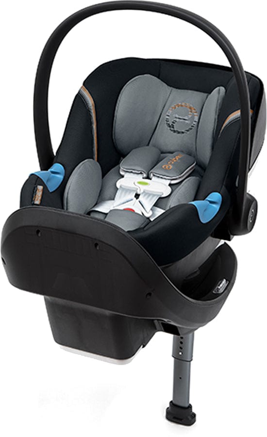 Pepper black infant car seat by Cybex with gray padded interior, blue side accents, and SensorSafe harness system, front view