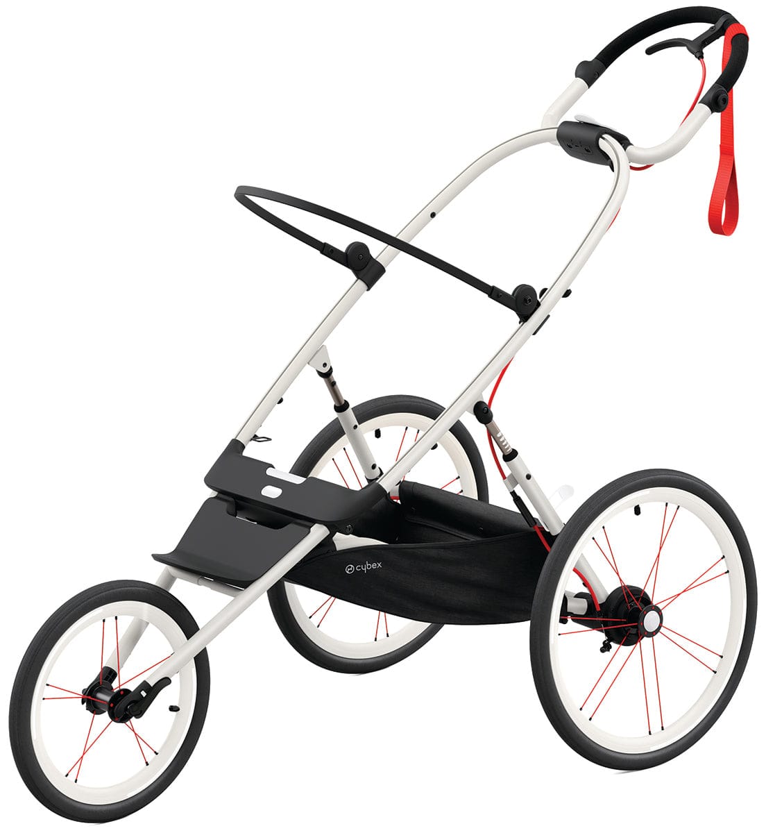 Cream jogging stroller frame with orange accents by Cybex, featuring fixed front wheel, black handlebar grips, and red-spoked wheels, side view.