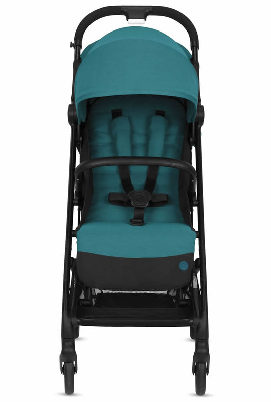 River blue compact stroller by Cybex with black frame, textured fabric, and four wheels, front three-quarter view