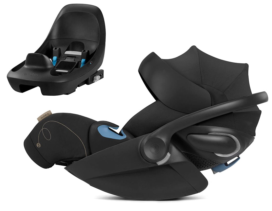 Black reclining infant car seat with anti-rebound bar by Cybex, featuring blue accents and breathable fabric, shown in side view with base.
