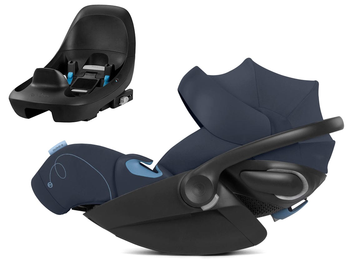 Ocean blue reclining infant car seat by Cybex with anti-rebound bar, black base, and side-protective canopy, shown in side view