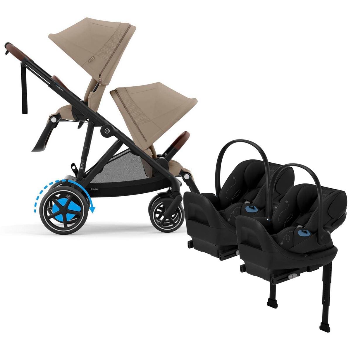Cybex eGazelle S Double Stroller + Cloud G Lux SensorSafe Twin Travel System Bundle - Black Frame / Almond Beige / Moon Black - TWINTRVL-524001219-522001401