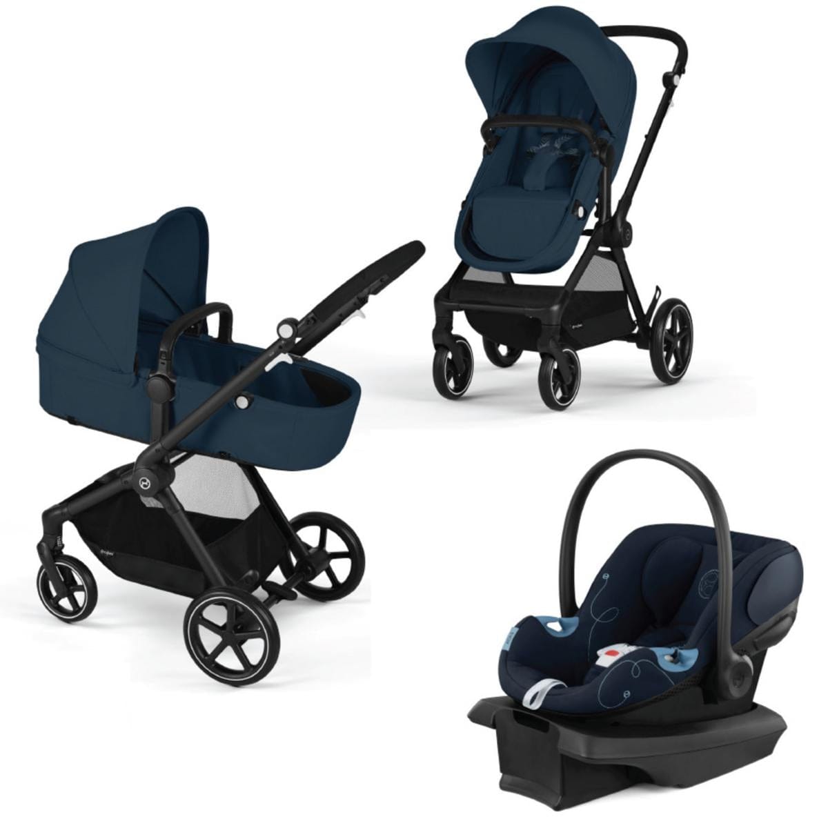 Black and ocean blue 5-in-1 travel system stroller by Cybex with lightweight infant car seat, featuring navy fabric, black frame, and multi-position canopy in collage view