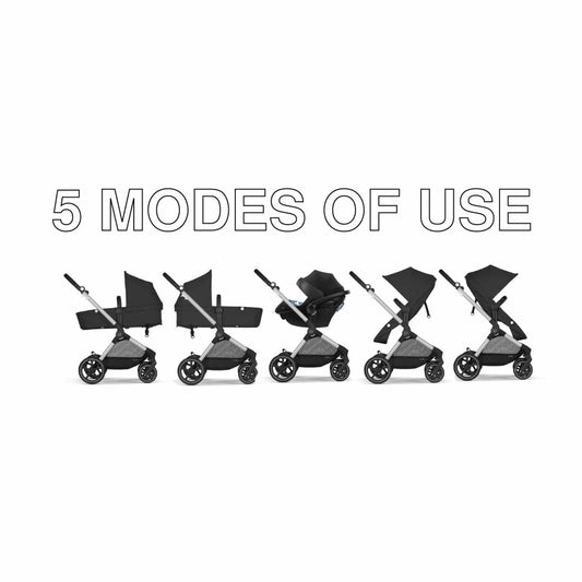 Silver and Moon Black 5-in-1 travel system stroller by Cybex with lightweight infant car seat, featuring black fabric, chrome frame, and multi-position canopy in product view.