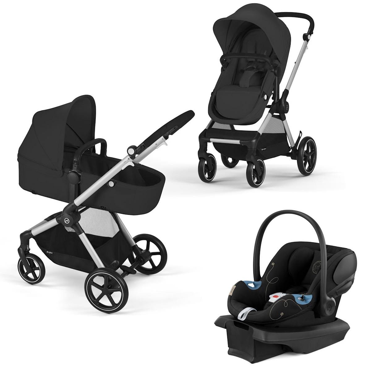 Silver and Moon Black 5-in-1 travel system stroller by Cybex with lightweight infant car seat, featuring black fabric, chrome frame, and multi-position canopy in product view.