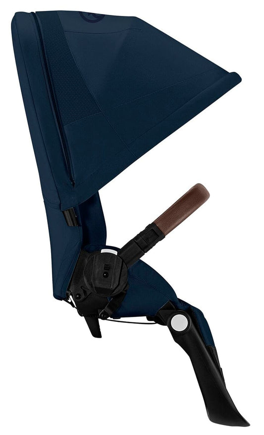 Ocean blue second seat with silver frame by Cybex, featuring padded interior, chevron-patterned harness straps, and black handlebar, front view
