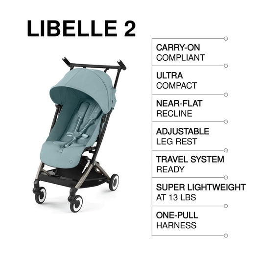 Stormy blue compact stroller by Cybex with mesh seat, black frame, white-rimmed wheels, and extended canopy, front view