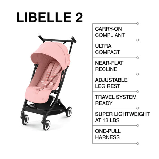 Candy pink compact stroller by Cybex with black frame, white-rimmed wheels, and striped harness straps, front view