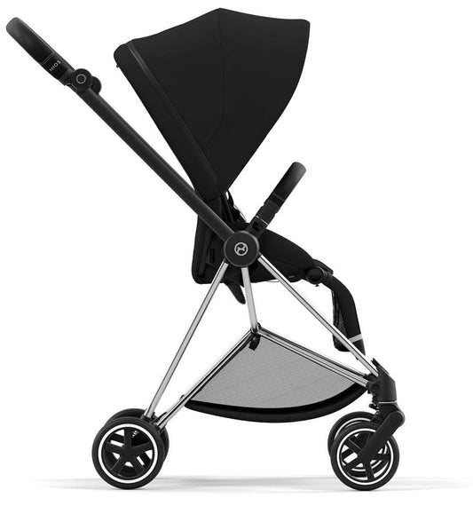 Chrome and black Mios 3 stroller by Cybex, featuring deep black fabric, mesh storage basket, and four-wheel design, front three-quarter view