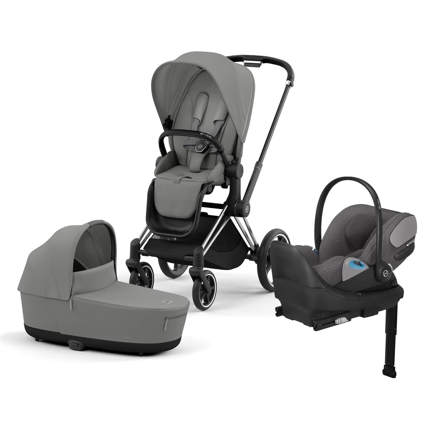 Cybex Priam 4 + Carry Cot + Cloud T Newborn Travel System Bundle - Chrome / Black / Mirage Grey / Mirage Grey - 523001571-524001017-523000817