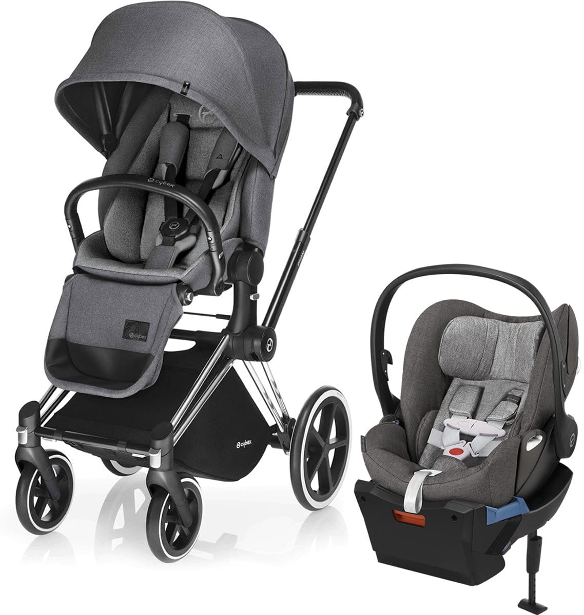 Cybex Priam Lux All-Terrain + Cloud Q Plus Travel System - Chrome / Manhattan Grey - 518002945-517001055