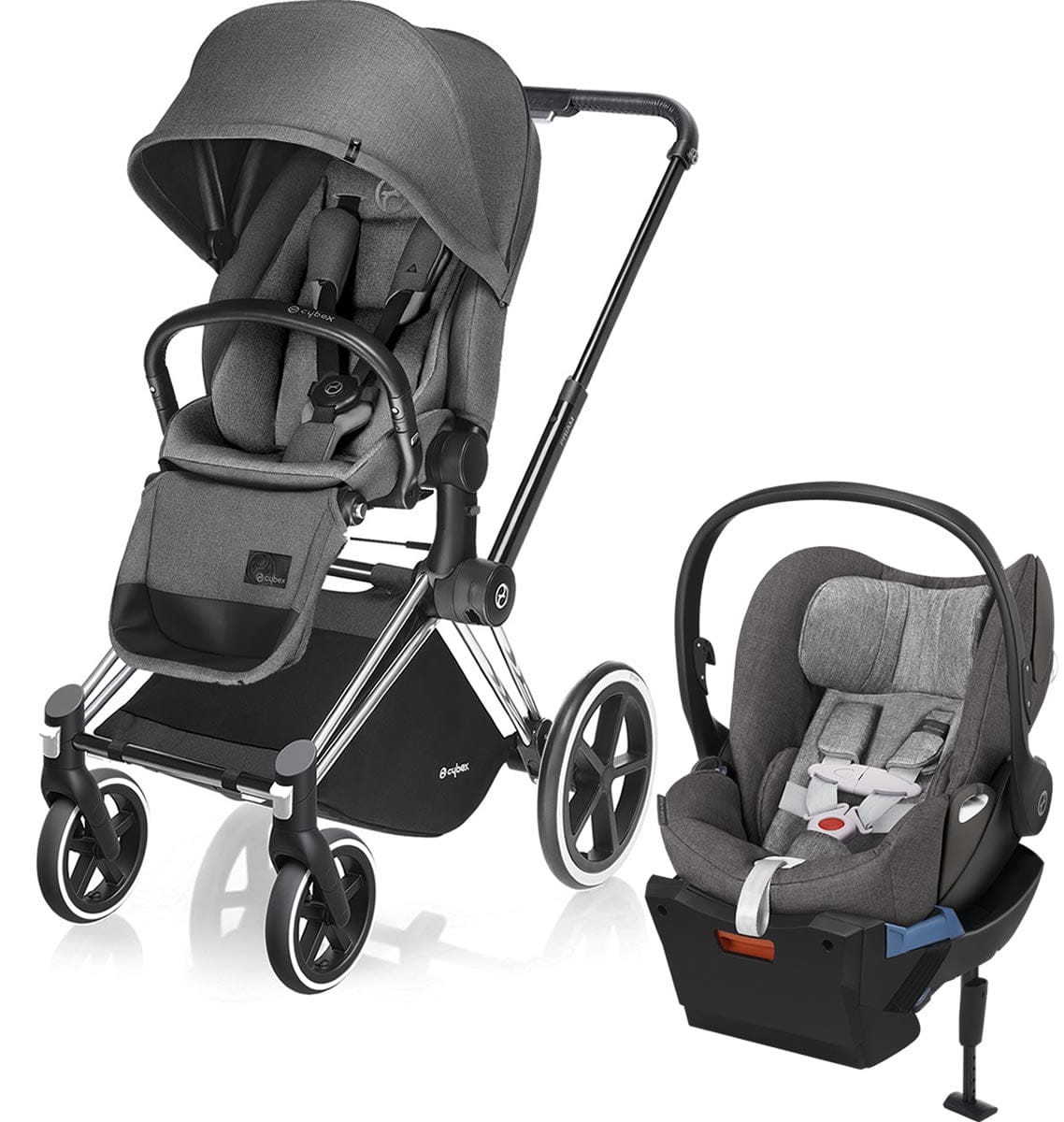 Cybex Priam Lux Trekking + Cloud Q Plus Travel System - Chrome / Manhattan Grey - 515215309-517001107-517001055
