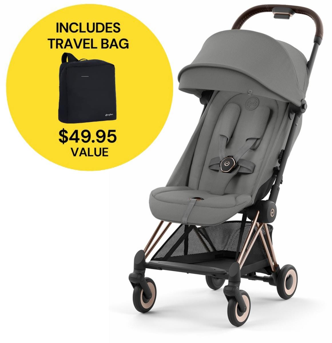 Cybex COYA Compact Stroller + Travel Bag Bundle - Rose Gold / Mirage Grey - 522004263-521001489