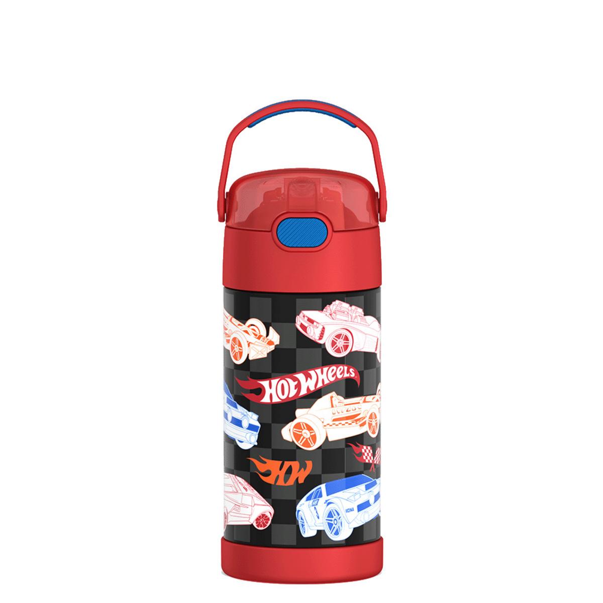 Thermos Hot Wheels water bottle with red lid and checkered car pattern