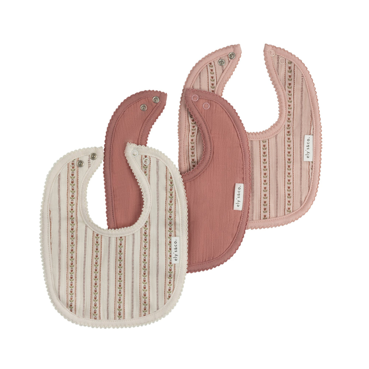 Ely's & Co. 3 Pack Muslin Bibs - Ivory Pink - Linear Tulip