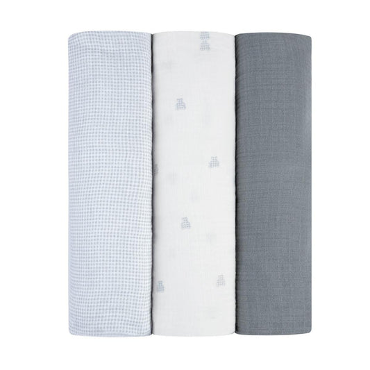 Ely's & Co. 3 Pack Muslin Swaddles - Gingham Bear Collection - Blue