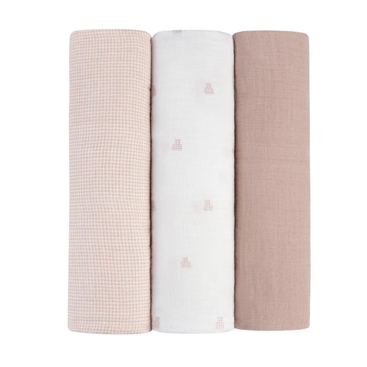 Ely's & Co. 3 Pack Muslin Swaddles - Gingham Bear Collection - Pink