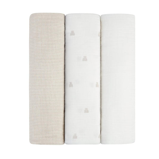 Ely's & Co. 3 Pack Muslin Swaddles - Gingham Bear Collection - Tan