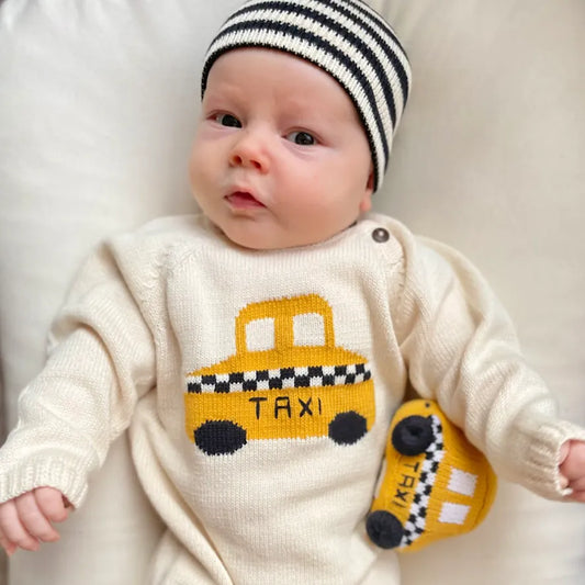 Estella yellow knit taxi cab toy with black wheels