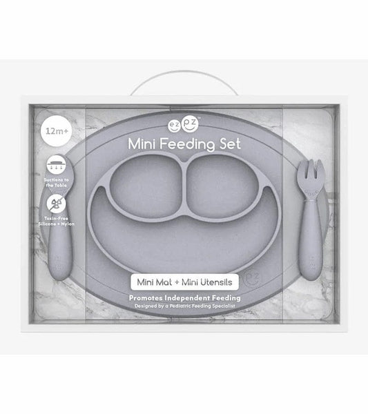 EZPZ Toddler Bundle - Mini Feeding Set + Mini Cup and Straw Training System - Pewter - PKMFP003-PCSTP003