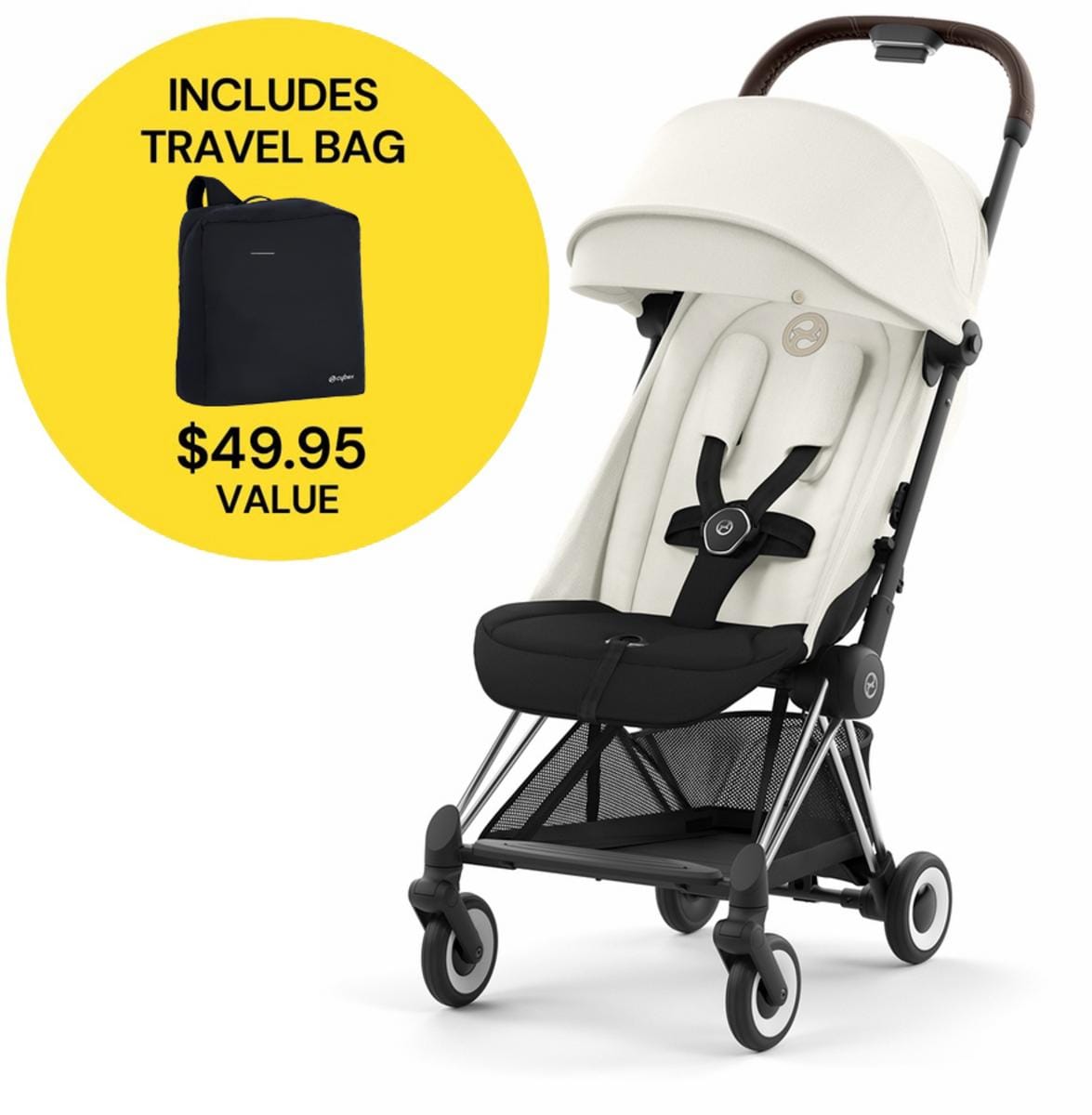 Cybex COYA Compact Stroller + Travel Bag Bundle - Chrome / Dark Brown / Off White - 522004413-521001489