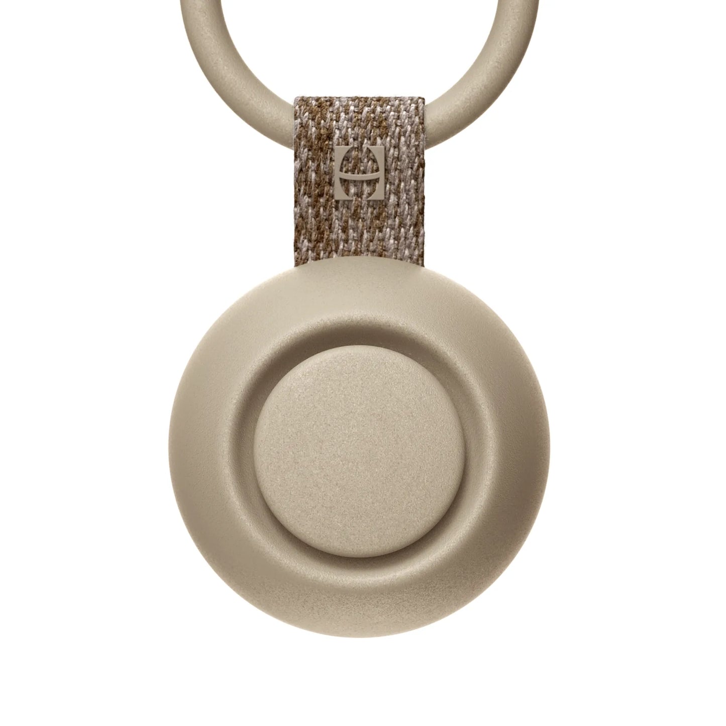 Beige circular portable speaker with a fabric strap and hanging ring