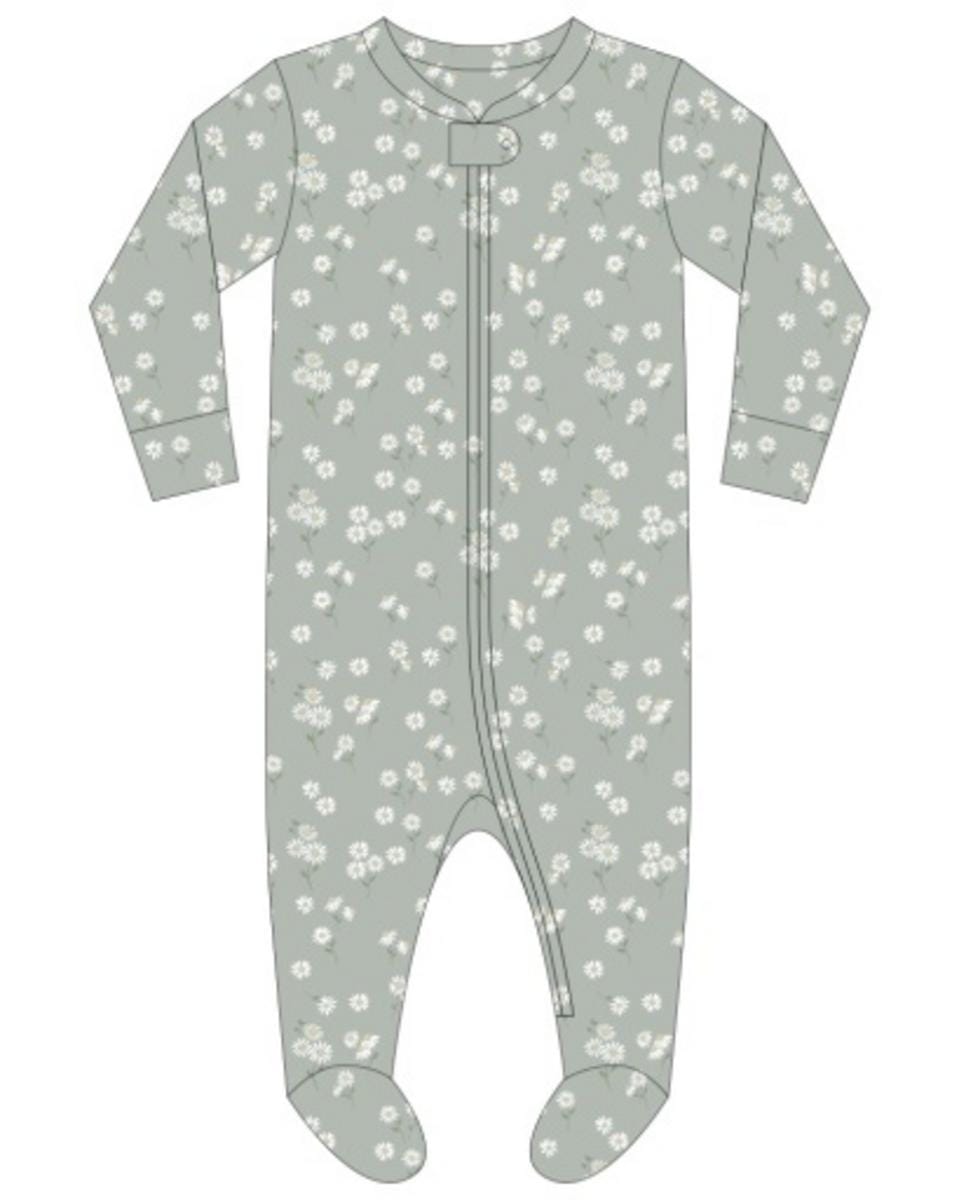 Quincy Mae Zip Long Sleeve Sleeper Footie Green Daisy - Sage, 3-6M