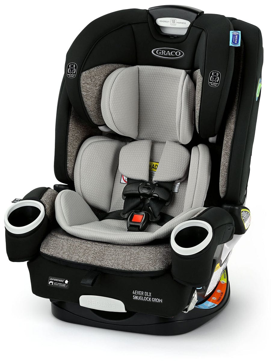 Black and gray 4-in-1 convertible car seat by Graco with textured fabric, side impact protection, cup holders, and harness system, front view