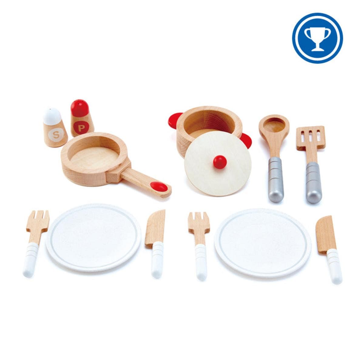 Hape wooden play kitchen set including pots pans plates utensils and salt and pepper shakers
