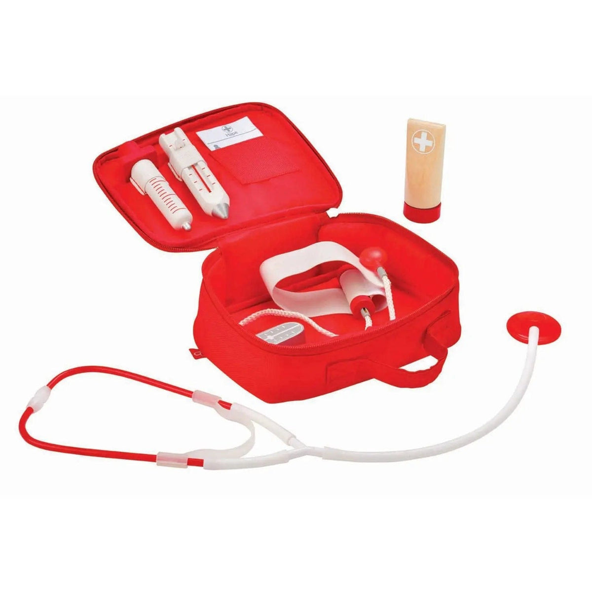 Hape toy doctor kit with red fabric bag and wooden medical accessories