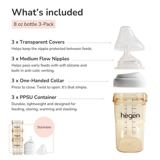 Hegen PPSU Anti-Colic Baby Bottle - 3 to 6 Months - 240ml/8oz - White - 3-Pack