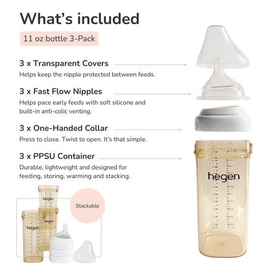 Hegen PPSU Anti-Colic Baby Bottle - 6 Months Plus - 330ml/11oz - White - 3-Pack