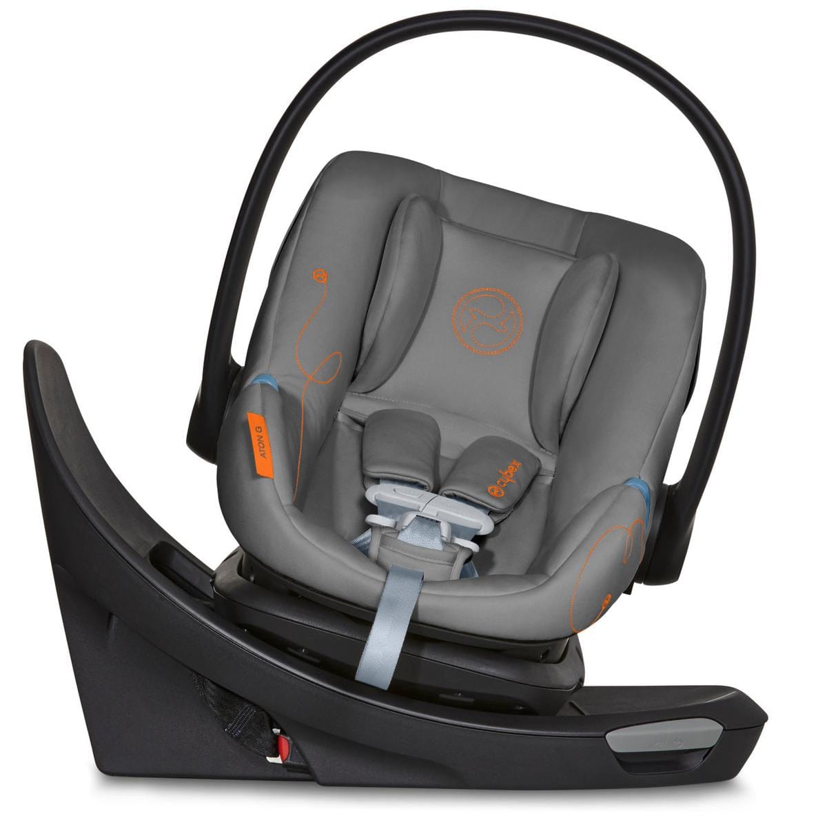Lava grey infant car seat with orange stitching and black frame by Cybex, featuring swivel base and SensorSafe technology, side view