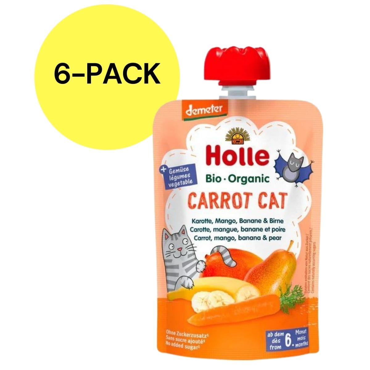 Holle Organic Pouches 6+ - Carrot Cat Fruit & Veggie Puree (6 Pack) - 4.26069E+12