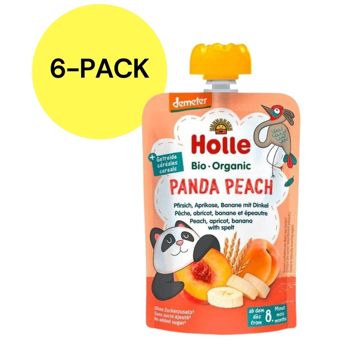 Holle Organic Pouches 6+ - Panda Peach Fruit & Grain Puree (6 Pack) - 4.26069E+12