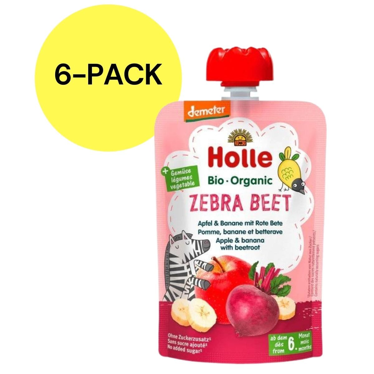 Holle Organic Pouches 6+ - Zebra Beet Fruit Puree & Veggie Juice (6 Pack) - 4.26069E+12
