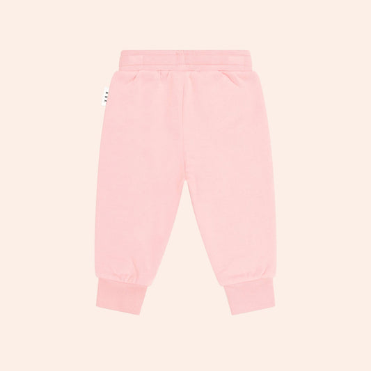 Huxbaby pink sweatpants with bear face knee patches and drawstring waist