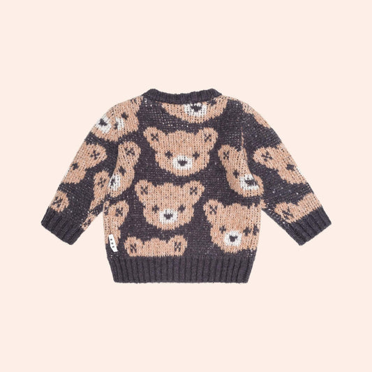 Huxbaby charcoal knit sweater with tan teddy bear pattern and shoulder buttons