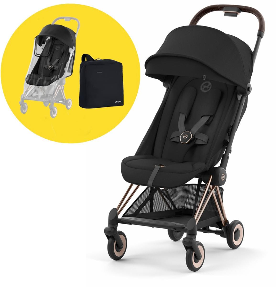 Cybex COYA Compact Stroller + Travel Accessory Bundle - Rose Gold / Sepia Black - 522004253-521001489-522005301-B