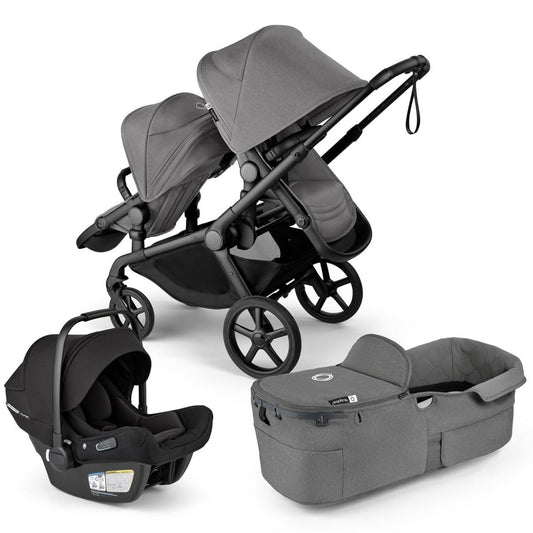 Bugaboo Kangaroo Double Stroller + Turtle Air Shield By Nuna Travel System Bundle - Black / Moon Grey / Moon Grey - TRVL-100280033-100281023