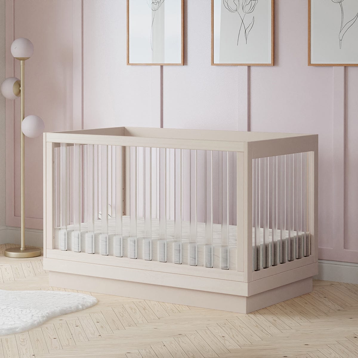 Babyletto Harlow Acrylic 3-in-1 Convertible Crib w/Toddler Bed Conversion Kit - Washed Natural / Acrylic