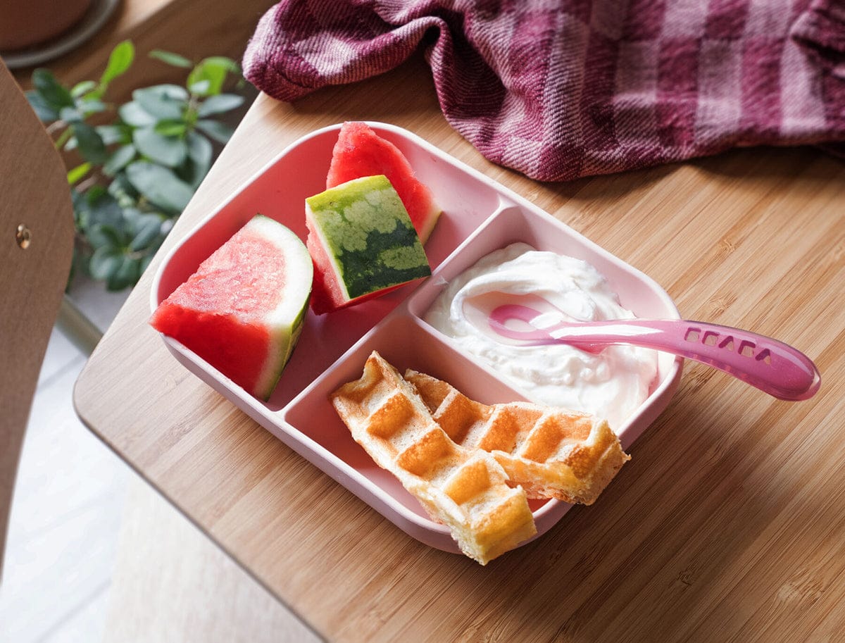 BEABA Silicone Divided Suction Plate And Spoon Set - Rose - 913456