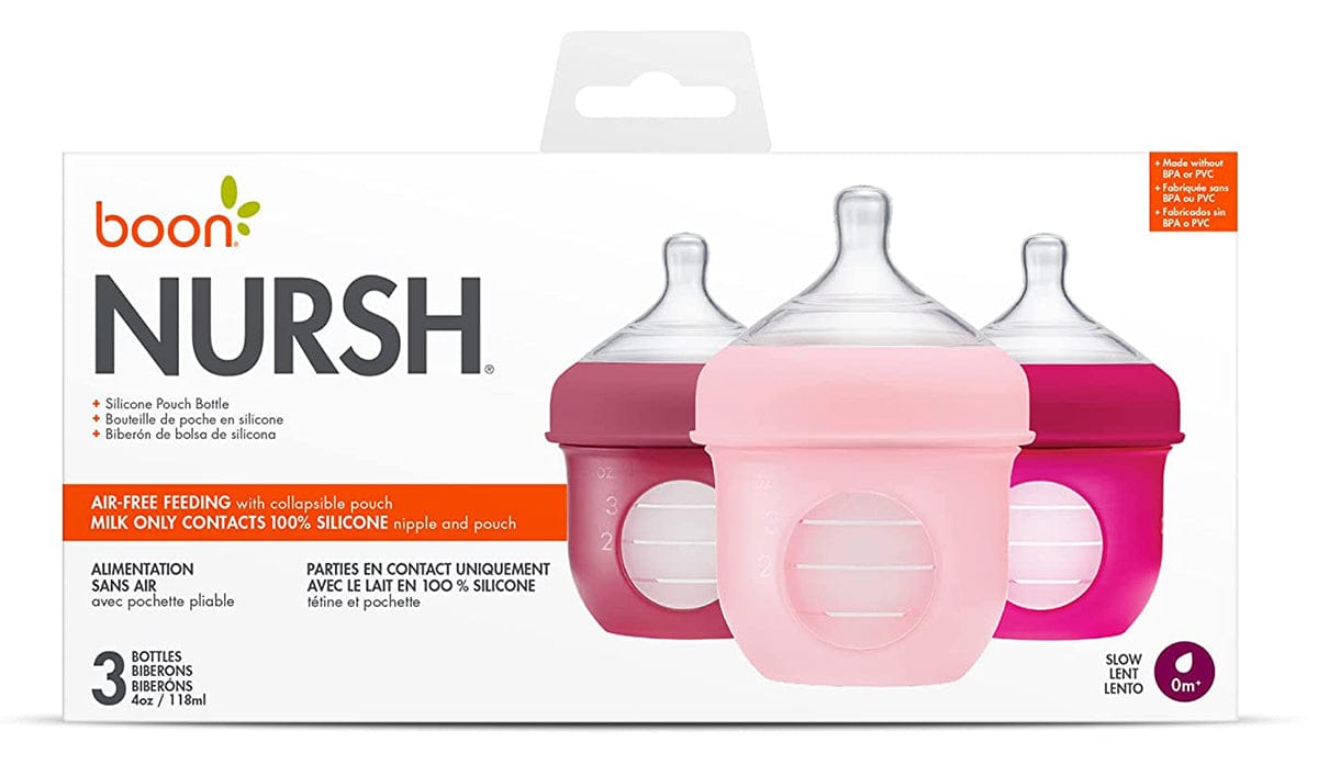 Boon NURSH Silicone Pouch Bottle 3-pack, 4OZ - Pink - B11229A4